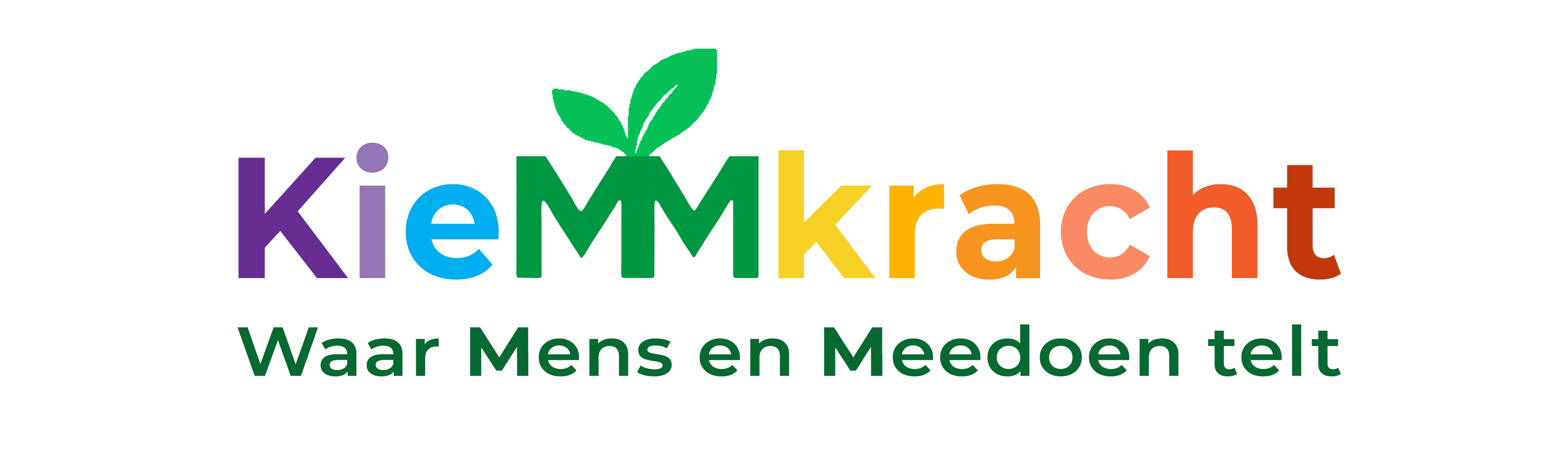 Je ziet het logo van KieMMkracht met de ondertitel: waar mens en meedoen telt. KieMMkracht zet zich in voor een mooiere, gezondere en socialere gemeente Waadhoeke.