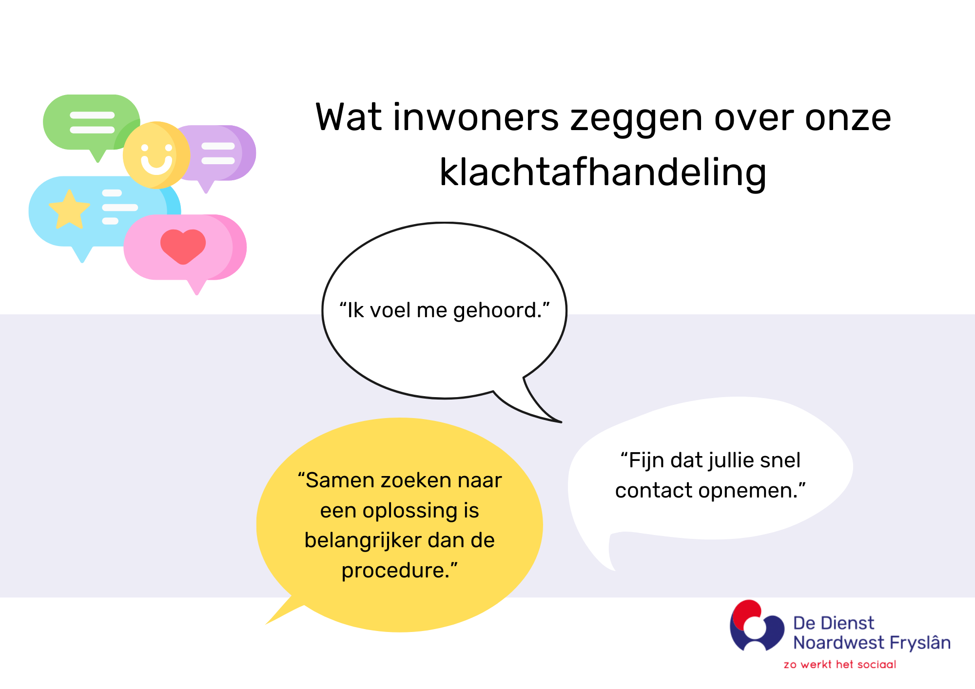 Wat inwoners zeggen over onze klachtafhandeling: 'Ik voel me gehoord.' 'Fijn dat jullie snel contact opnemen.' 'Samen zoeken naar een oplossing is belangrijker dan de procedure.'